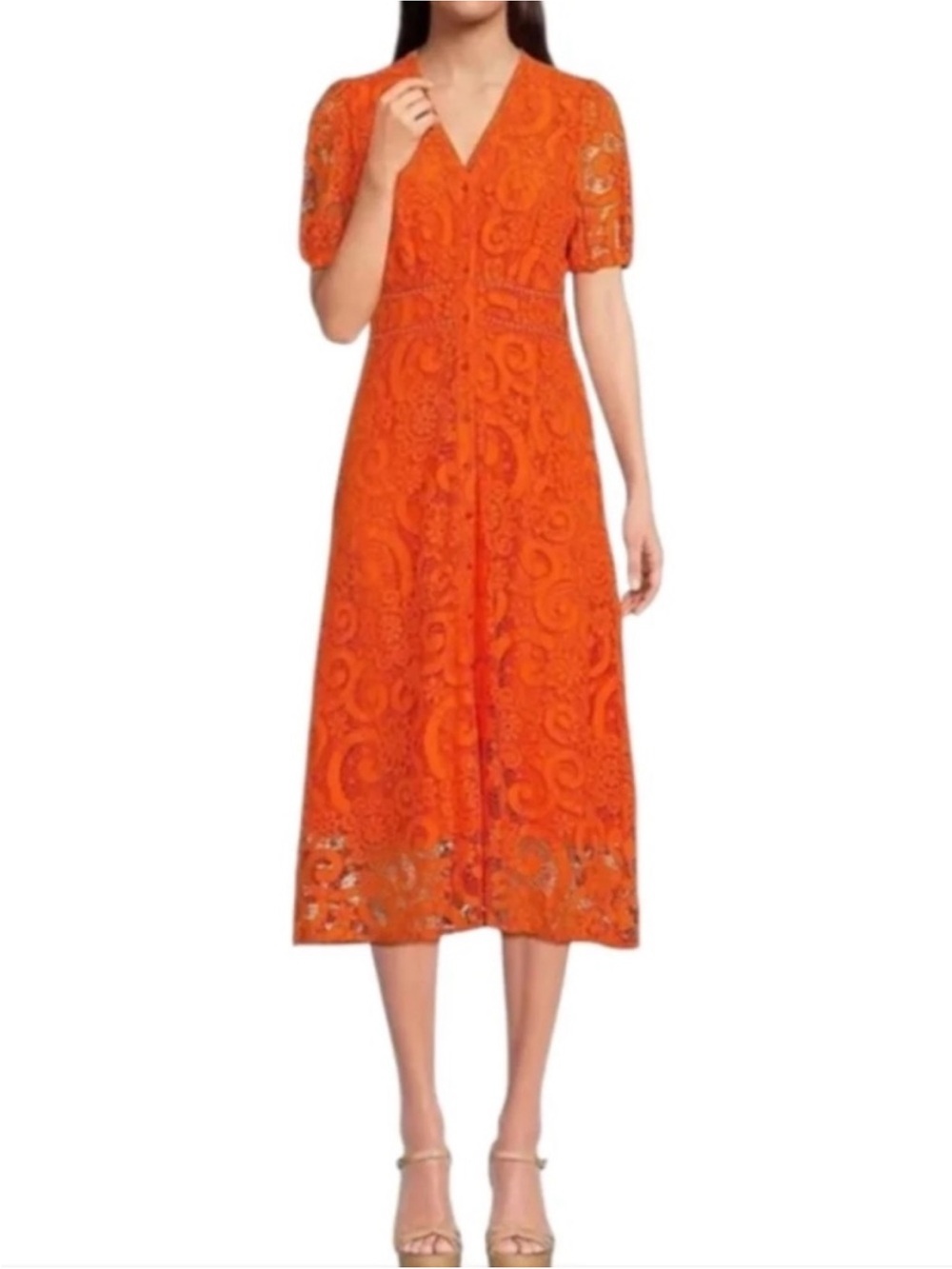Nanette Lepore Orange Lace Midi Dress